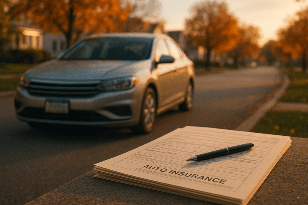Stack of auto insurance forms with a pen in the foreground, blurred silver sedan parked on a quiet Pennsylvania street lined with autumn trees
