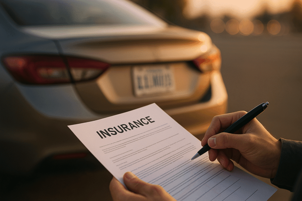 Close-up of Illinois license plate and a hand holding insurance paperwork — SR-22 insurance guide.